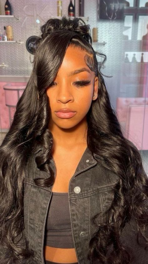 Styles With Frontal Wig, Teen Quickweave Hairstyles, Birthday Sweet 16 Outfits, Wig Hair Styling, 3 Part Wig Hairstyles, Straight Hairstyles Birthday, Body Wave Frontal Wig Hairstyles Side Part, Lace Front Wig Styles Black Women, Creative Frontal Hairstyles