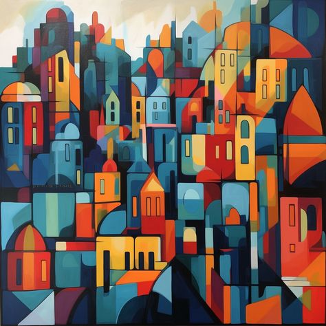 This abstract cityscape captures an energetic atmosphere with its vivid colors, bold lines and cubist-inspired shapes. Its unique organic and geometric elements bring vibrancy to any room. Cubist Cityscape, Abstract Cityscape, Office Wallpaper, Geometric Elements, Building Art, Geometric Form, City Landscape, Reference Photos, Cubism