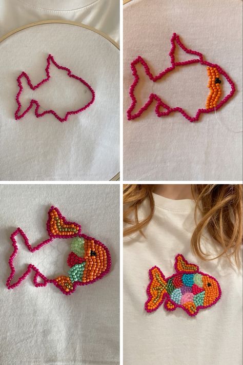 My first attempt to bead embroidery Fish Beaded Embroidery, Beaded Patches Diy, Pink Bead Embroidery, Bead Embroidery On Clothes, Beaded Embroidery Beginner, Beads Clothes Embroidery, Embroidery Beads Tutorial, Fish Bead Embroidery, Easy Bead Embroidery