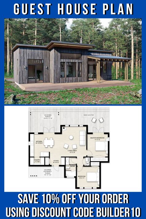 Unique Small House Plans, Small Lake Houses, Modern Contemporary House Plans, Vacation House Plans, Guest House Plans, Cottage Floor Plans, 2 Bedroom House Plans, House Plans One Story, Cabin Floor Plans