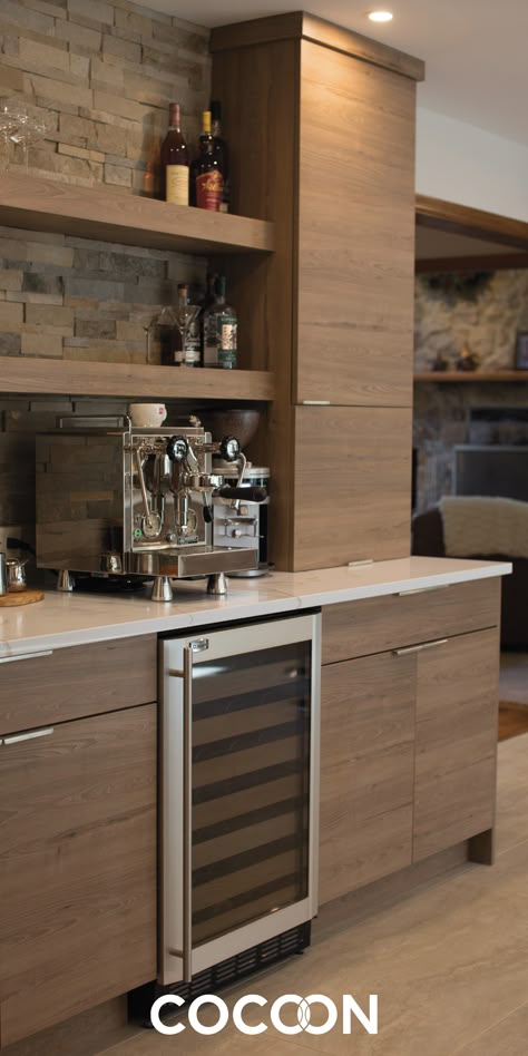 Kitchen Storage Cabinets Wall Shelves, Wet Bar Beside Fireplace, Kitchen Coffee Bar Built In, Coffee And Liquor Bar Ideas, Alcohol Bar For Home, Coffee Bar In Living Room, Coffee And Liquor Bar, Coffee Wine Bar Ideas, Coffee And Alcohol Bar Ideas