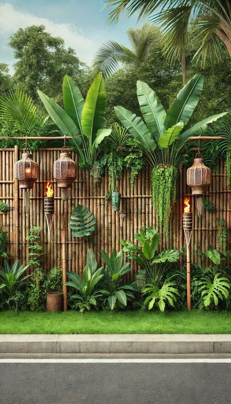 Indirect light, moist but not waterlogged soil. Ferns Along Fence, Fence Bamboo Ideas, Tiki Balcony Ideas, Rustic Tropical Decor, Panggung Outdoor, Jungle Backyard, Bamboo Fence Ideas, Unique Fences, Brentwood Oasis