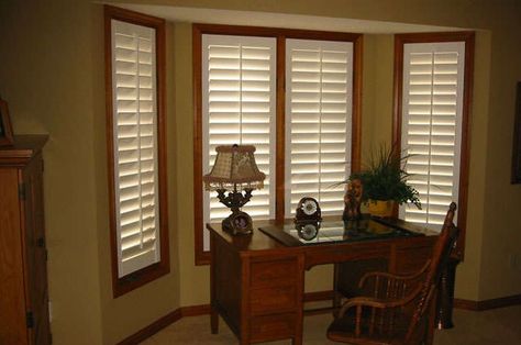 I wasn't sure white would look good with cherry trim. I think I like it!!! Wood Trim Window Treatments, Stained Wood Trim, Dark Wood Trim, Bedroom Window Treatments, Indoor Shutters, Stained Trim, Wood Window Frame, House Building Ideas, Dark Trim