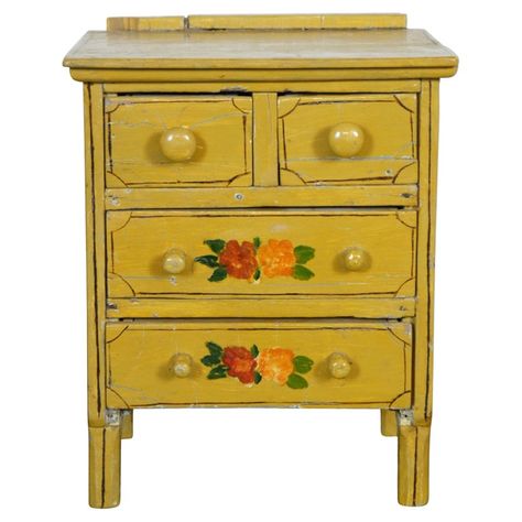 Antique Miniature Folk Art Yellow Painted Dresser Chest of Drawers 11" | From a unique collection of antique and modern Painted Furniture at https://www.1stdibs.com/furniture/folk-art/painted-furniture/. Modern Painted Furniture, Small White Dresser, Dresser Chest, Art Yellow, White Dresser, Painted Dresser, Red And Orange, Hand Painted Furniture, Yellow Painting