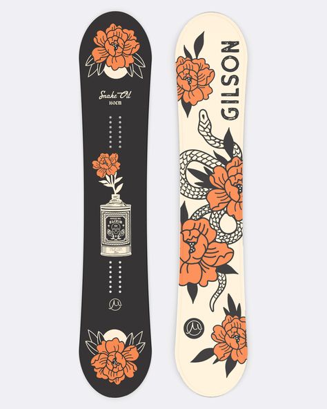 Snowboards - Snake Oil | GILSON Snowboard Design Graphics, Painted Snowboard, Snowboards Design, Snowboard Designs, Mountain Board, Snowboard Design, Snake Oil, Classic Tattoo, Snowboards