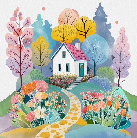 Whimsical Greenhouse, Diy Watercolor Painting, Diy Watercolor, Landscape Illustration, Naive Art, Painting Inspiration, Art Lessons, Artist Inspiration, Easy Drawings