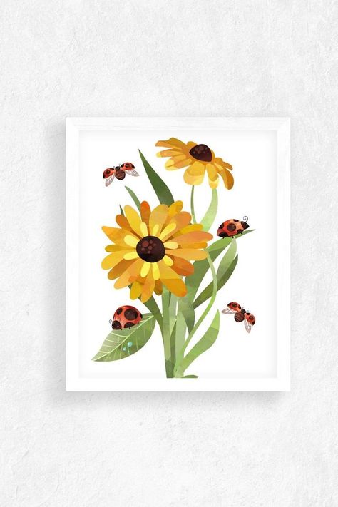 Sunflower And Ladybug, Ladybug Watercolor, Ladybug Nursery, Sunflower Watercolor, Sunflower Wall Art, Kids Room Wall Decor, Holiday Printables, Wall Art Nursery, Watercolor Sunflower