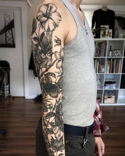 Girly Black Floral Flower Arm Sleeve Tattoo Ideas for Women - Feminine Rose Shoulder www.MyBodiArt.com #flowershouldertattoos Woodland Arm Sleeve, Masc Sleeve Tattoo, Filler Tattoo Ideas Gap Nature, Men’s Nature Tattoo, Woodland Sleeve Tattoo, Collage Tattoo Sleeve, Nature Tattoo Men, Man Sleeve Tattoo, Tattoo Designs Men Sleeve