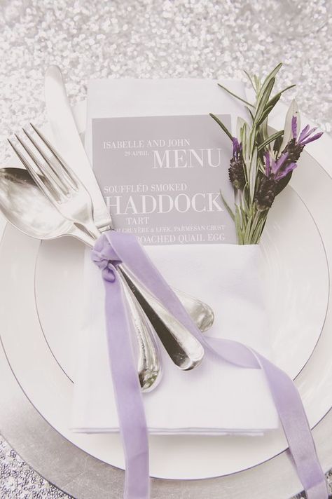 Silver and Sage Inspiration Shoot by The Wedding Stylist featuring stationery by Bureau Design www.bureaudesign.co.uk | Ross Holkham Photography | Bridal Musings Wedding Blog 9 Wedding Table Settings Purple, Lavender Wedding Theme, Wedding Table Menus, Wedding Party Photography, Boda Mexicana, Lilac Wedding, Vintage Wedding Theme, Wedding Table Flowers, Wedding Stylist