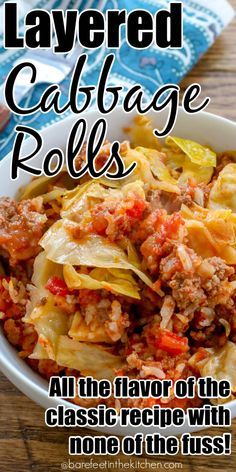 Layered Cabbage Roll Casserole - Barefeet in the Kitchen Layered Cabbage Roll Casserole, Cabbage Roll Casserole Crockpot, Lazy Man Cabbage Rolls Casseroles, Hamburger And Cabbage Recipes, Easy Cabbage Casserole, Cabbage Casseroles, Beef And Cabbage Casserole, Unstuffed Cabbage Roll Casserole, Hamburger Cabbage