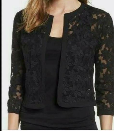 Black Shrug Outfit Ideas, Black Shrug Outfit, Lace Jacket Outfit, Shrug Design, Shrug Dress, Black Lace Jacket, Lace Bolero Jacket, Lace Jacket Dress, Black Shrug