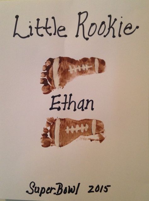 Infant Football Art, Super Bowl Toddler Activities, Football Kids Crafts, Football Infant Art, Football Crafts For Infants, Football Footprint Art, Football Footprint Craft, Footprint Football, Football Crafts For Toddlers