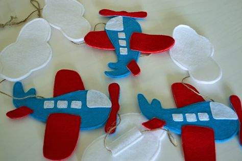 Airplane Birthday Party (Part 2) – chirpy threads Airplane Room Decor, Baby Mobil, Diy Baby Mobile, Airplane Birthday Party, Airplane Baby, Airplane Party, Alphabet Crafts, Felt Christmas Decorations, Quiet Book Ideas