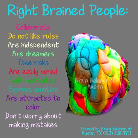 Right #Brained People: #Collaborate, Do not like #rules, Are #independent, Are #dreamers, Take #risks, Are easily #bored, Self-#motivated, #Express #emotion, Are #attracted to #color, Don't worry about making #mistakes. #brain #rightbrain #braininfo #brainfacts #Austin #ATX #Texas #TX #addressthecause #brainbalance #afterschoolprogram Right Brained People, Brain Psychology, Thinker Quotes, Facts And Myths, Brain Balance, Corpus Callosum, Brain Images, Brain Facts, Brain Gym