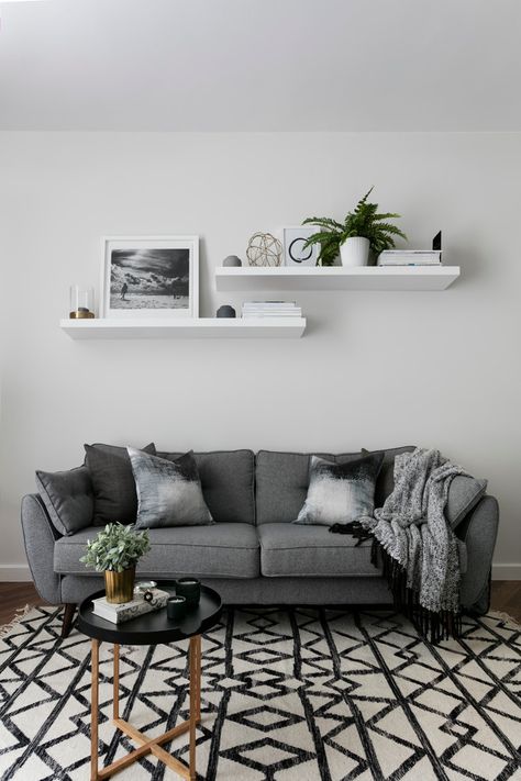 Monochromatic Living Room, Monochrome Living Room, Modern Farmhouse Living Room Decor, Grey Couches, Modern Farmhouse Living Room, White Shelves, Small Living Room Decor, Trendy Living Rooms, Living Room Scandinavian