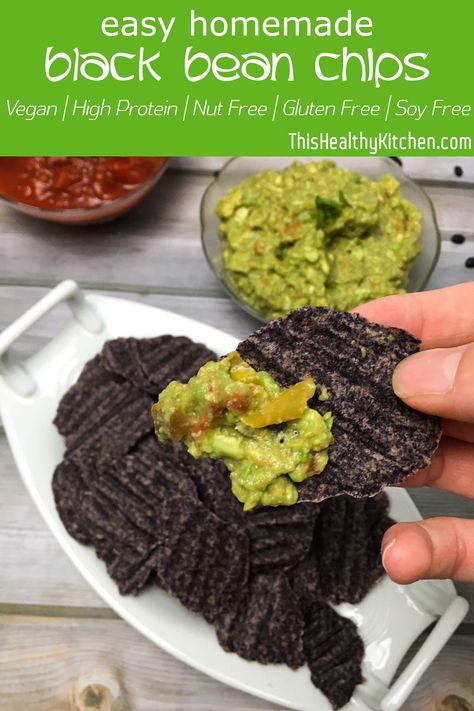 Here's a healthy take on your favourite potato chips. These black bean chips are loaded with protein and completely guilt free. Serve with dip or enjoy solo! #plantbased #healthysnack #vegansnack #blackbean #healthychips #blackbeanchips #easysnack #veganchips #glutenfree #dairyfree #protein #chipanddip Low Carb Sushi, Peanut Butter Protein Cookies, Vegan Chips, Healthy High Protein Snacks, Bean Chips, Healthy Crackers, Healthy Chips, Fried Potato, Healthy Kitchen