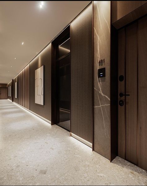 Condo Lobby Design, Hotel Corridor Design, Apartment Building Lobby, Apartment Corridor, Elevator Lobby Design, Office Lobby Design, Interior Design Portfolio Layout, Elevator Lobby, Hotel Corridor