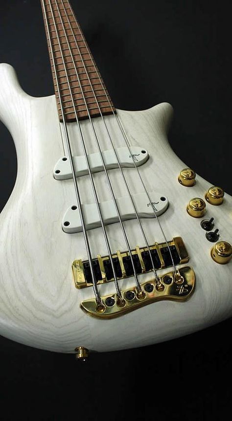 White on Gold Jerzy Drozd 5-String Bass Guitar.- Shared by The Lewis Hamilton Band - https://www.facebook.com/lewishamiltonband/app_2405167945 - www.lewishamiltonmusic.com 5 String Bass, Custom Bass Guitar, I Love Bass, Custom Bass, All About That Bass, Guitars For Sale, Guitar Shop, Fender Bass, Guitar Art