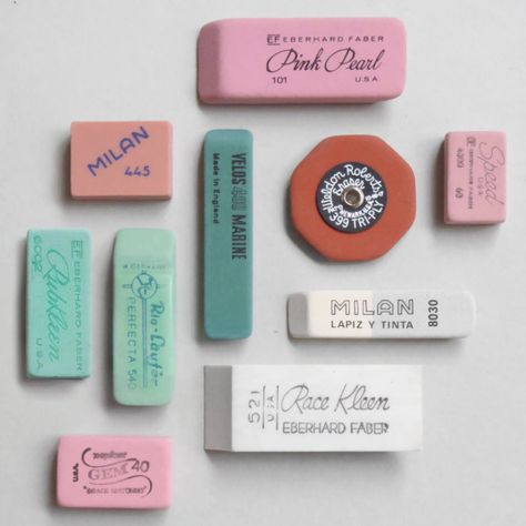 Knolling Photography, Eraser Collection, Modern Workspace, Ink Stamps, Too Cool For School, Typography Inspiration, Erasers, Vintage Graphics, Graphic Design Inspiration