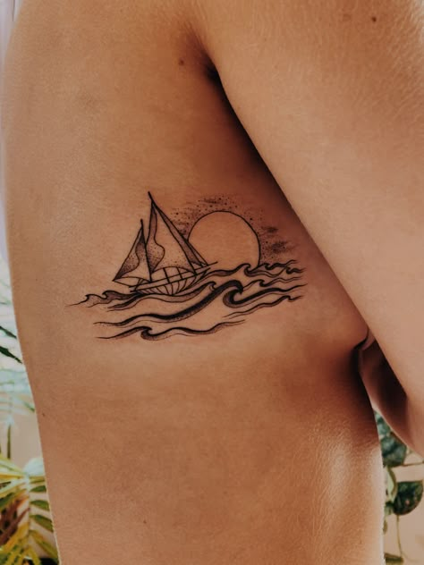 wave tattoo with sailboat and sunset Ocean Tattoos Ideas, Sunset Tattoo Minimalist, Tattoo Sunset, Sailboat Tattoo, Sunset Tattoo, Boat Tattoo, Sunset Tattoos, Tattoo Minimalist, Couples Tattoo Designs