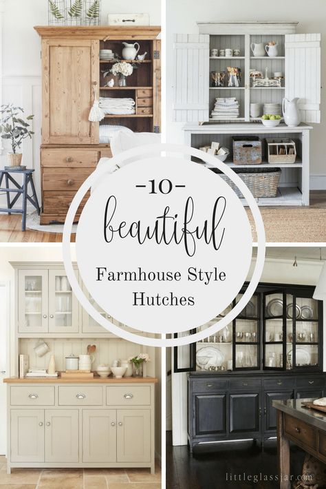 Ten Beautiful Farmhouse Style Hutches Dining Room Storage Cabinet Farmhouse, Tall Farmhouse Hutch, Farmhouse Dining Room Storage, Decorated Hutches Farmhouse Style, Farmhouse Armoire Decor, Top Of China Cabinet Decor Farmhouse, Farmhouse Dining Room China Cabinet, How To Decorate A Hutch Farmhouse, Decorate Hutch Ideas