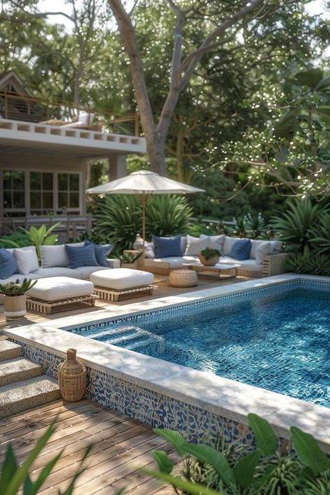 Pool Patios And Decks, Old Pool Ideas Backyards, Pool Garden Ideas Backyard Landscaping, Medium Pools Backyard, Cozy Pool Area, Backyard Pool Oasis Ideas, Deck Ideas With Pool, Pool In Deck, Florida Pool Patio Ideas