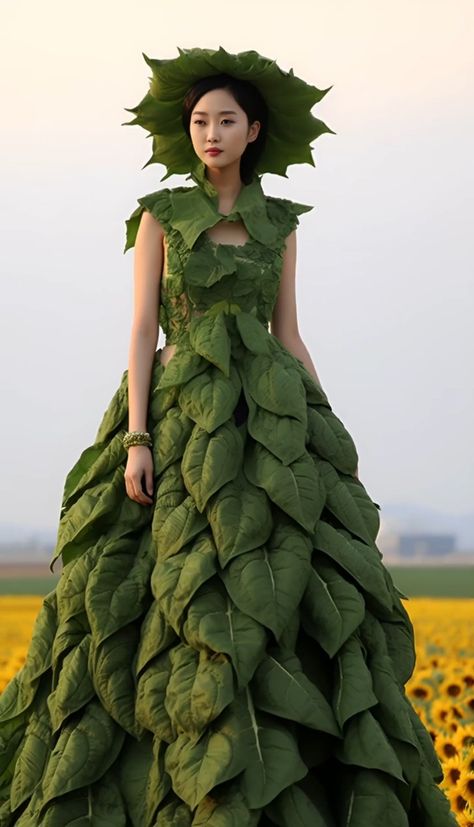 Nature Dress Design, Fruit Clothes, Marbella Wedding, Leaves Dress, Leaf Dress, Broadway Costumes, Green Lady, Bling Crafts, Bio Art