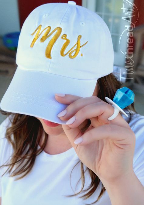 Embroidered Products, Sorority Letters, Wedding Gift Registry, Thread Art, Applique Fabric, White Hat, Brown Leather Strap, Brass Buckle, Just Married