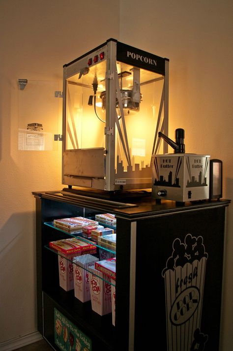 DIY Concession/Popcorn Machine Stand - Yes. This will happen. Diy Concession Stand, Home Movie Theater, Deco Cinema, Theater Room Decor, Popcorn Stand, Concession Stands, Movie Theater Rooms, Movie Room Decor, Mill House