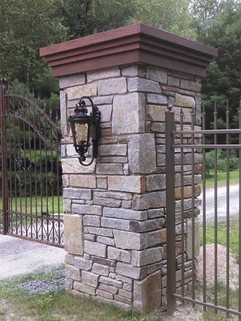 Stone Pillars - Darder Stone Works Driveway Pillars With Lights, Entrance Gates Driveway, Driveway Walkway, Amish Sheds, Ranch Gates, Driveway Design, Driveway Landscaping, Entrance Gates Design, Stone Pillars