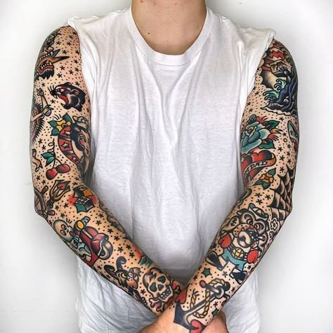 Traditional Tattoo Sleeve Filler, Traditional Tattoo Arm, Traditional Tattoo Filler, Old School Tattoo Sleeve, American Traditional Sleeve, Sleeve Filler, Mangas Tattoo, Tattoo Sleeve Filler, Trad Tattoos