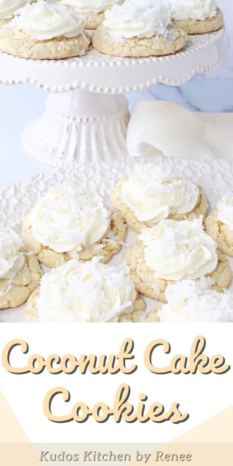 These beautifully elegant Coconut Cake Cookies look like they took a lot of time and effort, but they're are super easy to make because they utilize store-bought boxed cake mix. #cookies #cakemixcookies #coconutcookies #weddingcookies #bridalshowercookies #whitecookies #elegantcookies #cakemix #coconutdessert #easycoconutdessert #coconutbuttercream #kudoskitchenrecipes White Cake Mix Cookies, Elegant Cookies, Coconut Cookies Recipes, Coconut Pudding, Boxed Cake, Cake Mix Cookie Recipes, Coconut Desserts, Coconut Caramel, Coconut Cookies