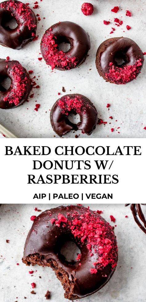 These AIP, paleo and vegan Baked Chocolate Donuts with Raspberries are the real deal. They’re soft, fluffy, come together quickly with only 11 minutes of baking time and are almost too pretty to eat. #healmedelicious #aip #paleo #aiprecipes #paleorecipes #aipdiet #autoimmunepaleo #aipprotocol #autoimmunedisease #valentinesbaking #glutenfree #glutenfreerecipes #valentinesrecipes #valentinesdessert #chocolateraspberrydonuts #valentinesdonuts #glutenfreebaking #grainfreebaking #chocolatedonuts Aip Baking, Aip Breakfast, Aip Desserts, Vegan Baked, Carob Powder, Vegan Donuts, Freeze Dried Raspberries, Usa Food, Dried Raspberries