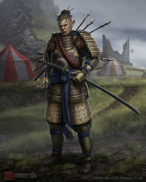 Fighter Character Art, Orc Samurai, Half Orc Fighter, Iron Crown, Fighter Character, Heavy Armor, Half Orc, Elder Scrolls Art, Samurai Artwork