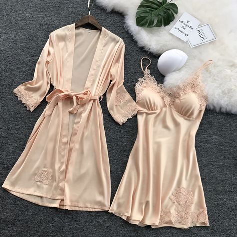 Nighty For Honeymoon, Silk Night Dress, Kimono Lingerie, Nightgown Sets, Silk Clothes, Night Gowns, Lace Nightgown, Night Dress For Women, Silk Lace