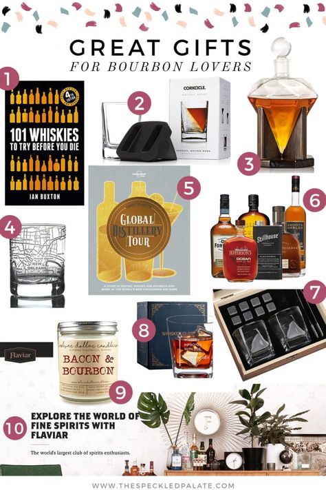 Looking for a present for a bourbon lover? We’ve compiled a list to help you choose the perfect gift that they’ll enjoy time after time. From decanters to subscription boxes and everything in between, we've found the best whiskey and bourbon-related gifts! #bourbon #whiskey #speckledpalate Gift Ideas For Bourbon Lovers, Whiskey Basket Gift For Men, Bourbon Lovers Gift Ideas, Gifts For Bourbon Lovers, Bourbon Gifts For Men, Whiskey Gift Basket Ideas, Bourbon Gift Basket Ideas, Whiskey Gift Ideas, Whiskey Gift Basket