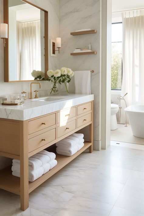 Vanity With Towel Shelf, Alder Vanity Bathroom, Bathroom Vanity With Towel Storage, Single Sink Vanity Ideas, Sink Vanity Ideas, Natural Wood Vanity Bathroom, Bathroom Joinery, Mexico Bathroom, Single Vanity Bathroom