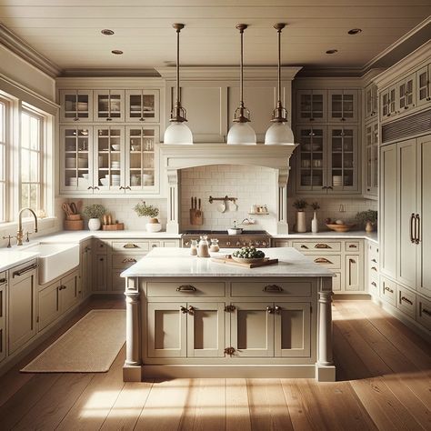 taupe farmhouse kitchen cabinets Kitchen Cabinets Antique White, Painted Farmhouse Cabinets, Sw Beige Cabinets, Detailed Kitchen Cabinets, Small Taupe Kitchen, Classic Cream Kitchen, Taupe Cabinets Wood Island, Kensington Taupe Cabinets, Glazed Cabinets Kitchen Cream