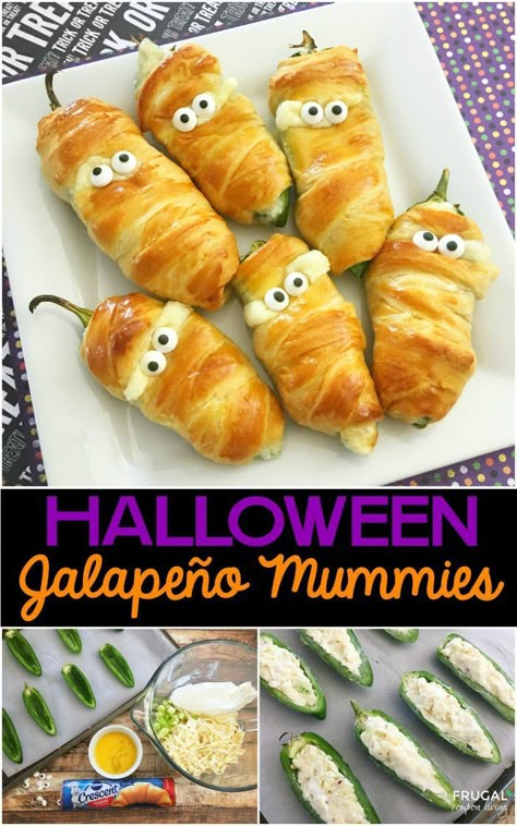 Jalapeño Popper Mummies - a Halloween Food Craft on Frugal Coupon Living plus… Savory Halloween Food, Halloween Potluck, Halloween Food Crafts, Jalapeño Poppers, Halloween Food Ideas, Halloween Foods, Food For Party, Halloween Appetizers, Halloween Party Food