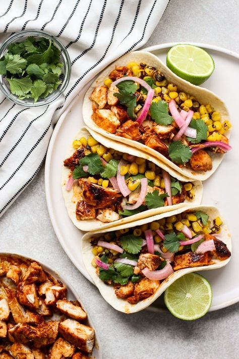 BBQ Chicken Tacos - Easy, healthy and delicious Tex-Mex dinner idea! BBQ Chicken is cooked on a stove top, wrapped in a warm flour tortilla, and topped with roasted corn, cilantro and pickled onions. #taco #tacos #texmex #bbq #barbecue #chicken #tortilla #easy #corn #cilantro #pickledonion #recipe #dinner #joyousapron Taco Dinner Recipes, Bbq Chicken Tacos, Chicken Pickle, Chicken Tacos Easy, Bbq Sauce Chicken, Barbeque Chicken, Taco Dinner, Chicken Taco Recipes, Flour Tortilla