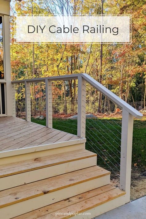 Diy Cable Railing, Cable Railing Diy, Cable Deck Railing, Wire Deck Railing, Deck Railing Diy, Deck Upgrade, Deck Stair Railing, Rv Diy, Diy Patio Ideas