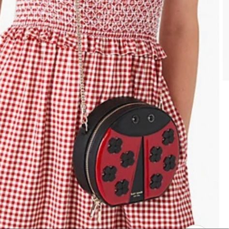 Designed Like A Playful Ladybug, This Crossbody Bag From Kate Spade New York Will Be The Talk Of The Party. Gold Chain Strap Small Sized Bag; 7-1/10"W X 6-2/3"H X 2-1/2"D (Width Is Measured Across The Bottom Of Handbag) 22"L Strap Drop Zip-Around Closure Pale Gold-Tone Hardware & Ladybug Design Interior Slip Pocket, Zip Pocket & Snap Pocket Leather Wipe Clean Pink Dust Bag Lb021ks58xz Ladybug Backpack, Ladybug Purse, Funky Purses, Ladybug Design, Kate Spade Purse Black, Colorful Handbags, Lady Bugs, White Handbag, Lady Bird