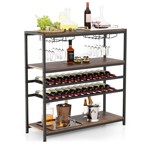 (Ad) GOFLAME Industrial Wine Rack Table, Wine Bar Cabinet with 2-Tier Wine Rack, 4 Row Glass Holder and Storage Shelves, Freestanding Floor Liquor Storage Stand for Kitchen, Dining Room, Rustic Brown #winecabinet Cabinet Wine Rack, Mini Bar At Home, Liquor Storage, Wine Rack Table, Dining Room Industrial, Wine Stand, Wine Bar Cabinet, Glasses Holder, Glass Rack