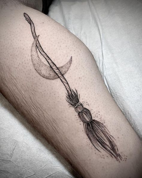 Broomstick Drawing, Witch Broom Tattoo, Broomstick Tattoo, Broom Tattoo, Laurel Tattoo, Soul Sister Tattoos, Witchcraft Tattoos, Trident Tattoo, Stick Tattoo