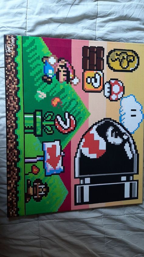 Mario Bros Painting Canvas, Super Mario Bros Painting, Mario Brothers Painting, Trippy Mario Painting, Mario Characters Painting, Nintendo Painting Ideas, Mario Acrylic Painting, Super Mario Painting Ideas, Mario Painting Ideas