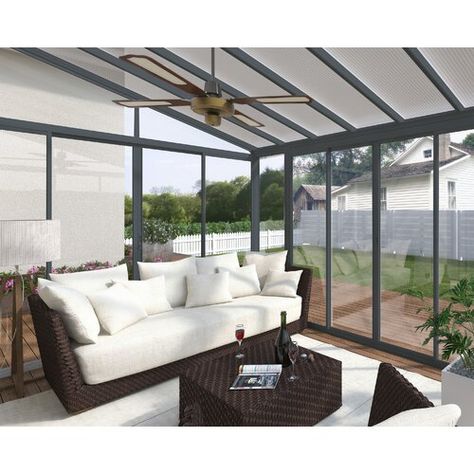 Sol 72 Outdoor Goldston 21 x 15 Ft. Tongue and Groove Summer House | Wayfair.co.uk Acrylic Wall Panels, Polycarbonate Roof Panels, Patio Enclosures, Double Sliding Doors, Polycarbonate Panels, Enclosed Patio, Home Addition, Patio Gazebo, Roof Panels