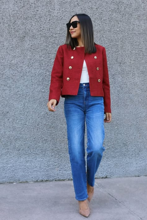 Red Wool Blazer Outfit, Short Red Coat Outfit, Red Cropped Jacket Outfit, Red Wool Jacket Outfit, Red Boucle Jacket Outfit, Red Tweed Blazer Outfit, Red Tweed Jacket Outfit, Navy And Red Outfit, Tweet Jacket Outfit