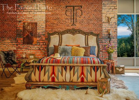 SOLD White Thunder King Bed Hand Painted Southwestern - Etsy Canada Horse Trailer Living Quarters, Pendleton Fabric, Rustic Bar Stools, Crooked House, Painted Beds, Western Bedroom, Trailer Living, Western Rustic, Ranch Decor