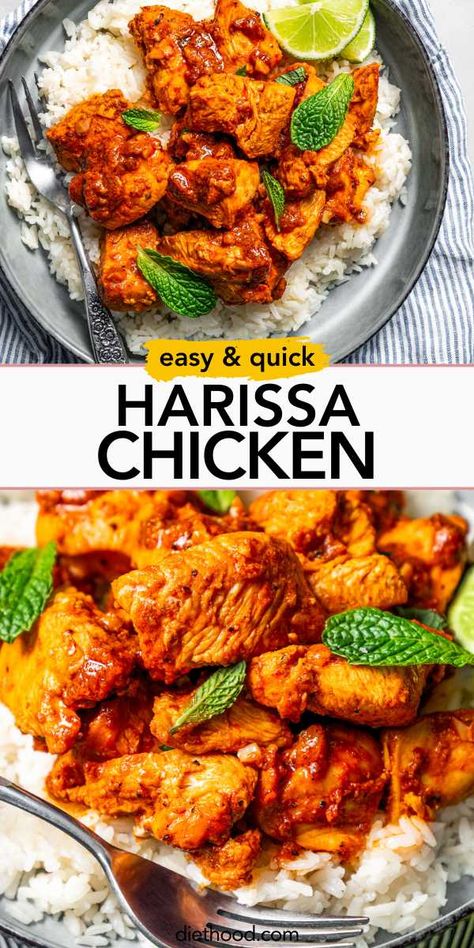 Do yourself a favor and try this harissa chicken recipe asap! Tender bites of chicken are marinated in a spicy, smokey, garlicky sweet sauce and sauteed to a juicy, golden brown. Harissa Uses, Harrisa Chicken Recipes, Harissa Sauce Recipes, Harissa Chicken Recipes, Chicken Thighs Slow Cooker Recipes, Harissa Recipes, Disney Night, Zesty Chicken, Harissa Chicken