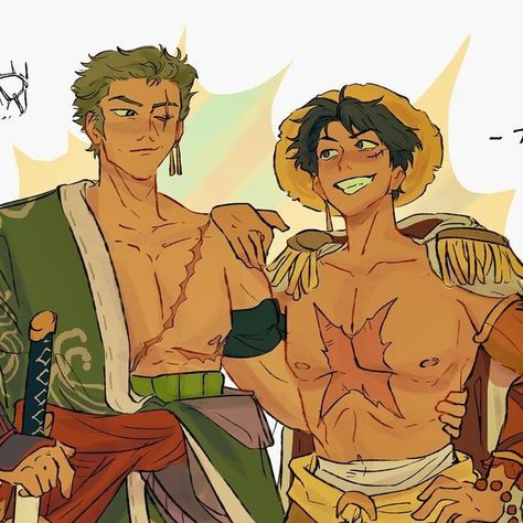 frances 🐸 on Instagram: "mom says it’s my turn to do a post TS redesign. i like 2 think zoro adds red to his palette for luffy  - - - - #onepiece #onepiecefanart #zolu #zoro #luffy #zoroxluffy #roronoazoro #monkeydluffy #artistsoninstagram" Luffy And Zoro Fan Art, One Piece Redesign, Aroace Luffy, Zolu One Piece Fanart, Strawhats Fanart, Zoro And Luffy Matching Icons, Bottom Luffy, One Piece Luffy Fanart, Zoro X Luffy Fanart